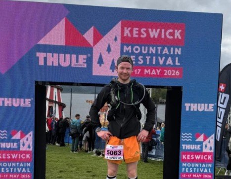 George at the finish arch of the Keswick Mountain Festival Adidas TERREX 50K