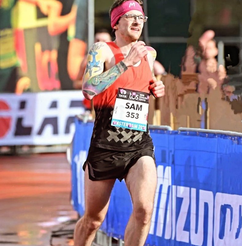 Sam racing the Amsterdam Marathon to a 2:48:02 personal best