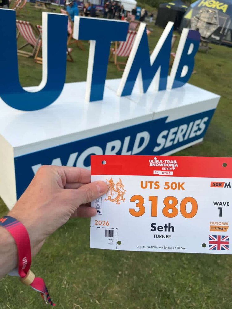 Seth with his UTS 50K race bib at Ultra-Trail Snowdonia